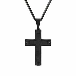 Budget 👍 Unbranded Men's Black Stainless Steel Black Diamond Accent Cross Pendant Necklace ⭐