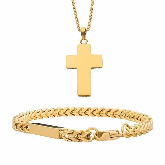 Buy ✨ Unbranded Gold Tone Ion-Plated Cross Pendant Necklace & Engravable Bracelet Set 😀 - Image 2