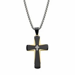 Budget ✨ Unbranded Men's Black & Gold Tone Ion-Plated Stainless Steel Cross Pendant Necklace With Cubic Zirconia Accents 👍