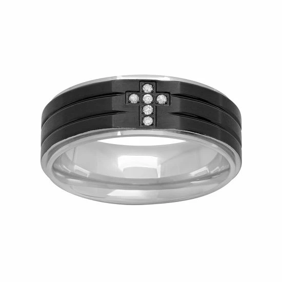Outlet ๐ Unbranded Diamond Accent Stainless Steel & Black Ion-Plated Stainless Steel Cross Grooved Band - Men โ๏ธ