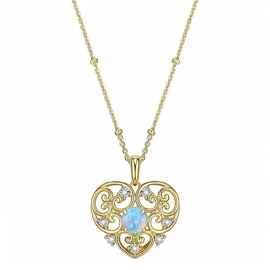New โ Unbranded 18k Gold Over Silver Lab Created Blue Opal & Diamond Accent Filigree Heart Pendant ๐