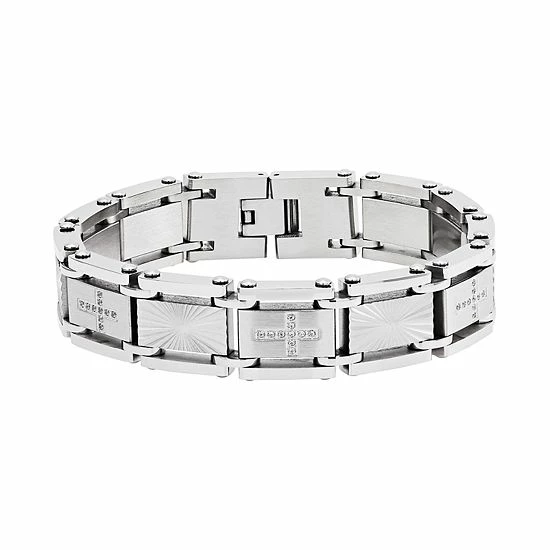 Coupon 🥰 Unbranded Men's Stainless Steel Cubic Zirconia Cross Link Bracelet ✔️