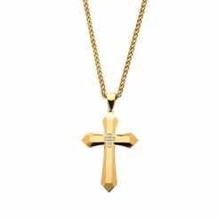Best deal 🔔 Unbranded Men's Gold Tone Stainless Steel Cubic Zirconia Cross Pendant Necklace 🧨