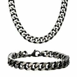 Wholesale ⌛ Unbranded Men's Stainless Steel Black Curb Chain Necklace & Bracelet Set 🥰