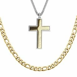 Hot Sale 😀 Unbranded Gold Tone Ion-Plated Stainless Steel Cross Pendant & Figaro Chain Necklace 👏