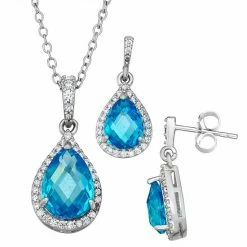 Budget 😍 Unbranded Sterling Silver Pear-Shaped Blue Cubic Zirconia Earrings & Pendant Necklace Set 👏