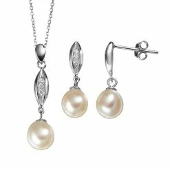 Discount ⭐ Unbranded Freshwater Cultured Pearl & Cubic Zirconia Sterling Silver Pendant Necklace & Drop Earring Set 👏