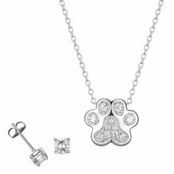 New 😀 Unbranded Sterling Silver Cubic Zirconia 🐕 Dog Paw Pendant Necklace & Stud Earrings Set 👍