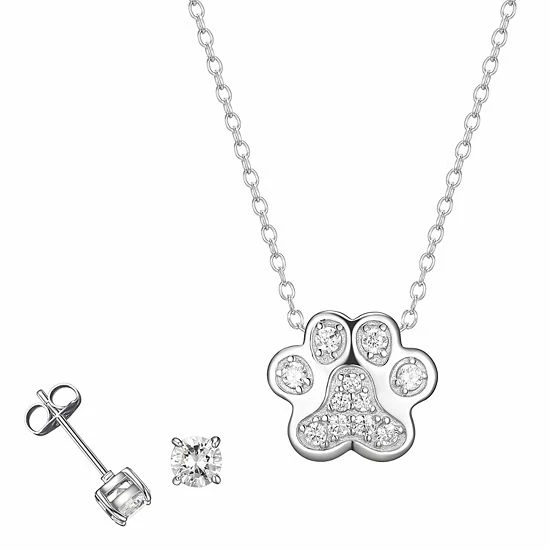 New 😀 Unbranded Sterling Silver Cubic Zirconia 🐕 Dog Paw Pendant Necklace & Stud Earrings Set 👍