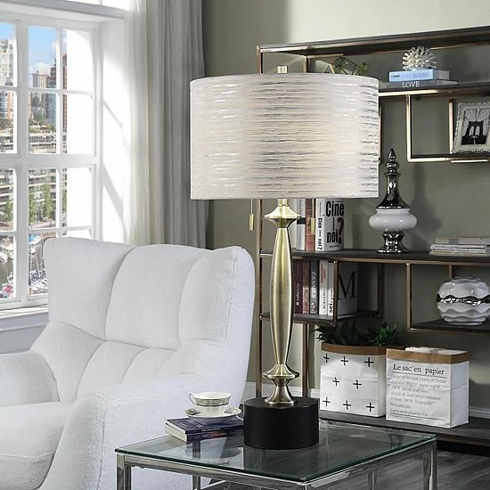 Deals 🤩 Unbranded Slim Brushed Brass Table Lamp With Custom Fabric Shade & Round Black Pedestal Base 🔔 - Image 2