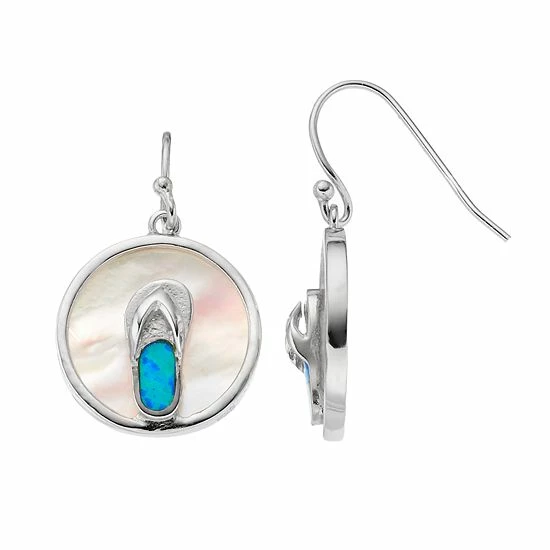 Promo 🛒 Unbranded Sterling Silver 👩 Mother-of-Pearl & Lab-Created Blue Opal Flip-Flop Disc Drop Earrings 🔔