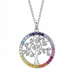 Budget 🎁 Unbranded Sterling Silver Rainbow Cubic Zirconia Tree Of Life Pendant Necklace ⌛