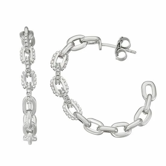Outlet ⭐ Unbranded Sterling Silver Cubic Zirconia Accent Link Hoop Earrings 💯