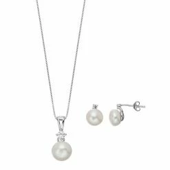 New 🥰 Unbranded Sterling Silver Freshwater Cultured Pearl & Lab-Created White Sapphire Pendant & Stud Earring Set Rhodium Plated ✔️