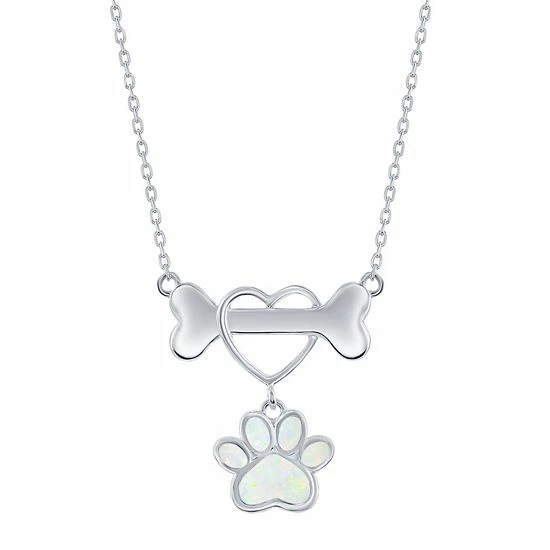 Hot Sale 👏 Unbranded Sterling Silver Lab-Created White Opal Heart 🦮 Dog Bone Necklace 😀