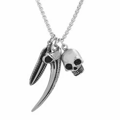 Wholesale 🧨 Unbranded Men's Oxidized Stainless Steel Feather, Horn & Skull Necklace 😀