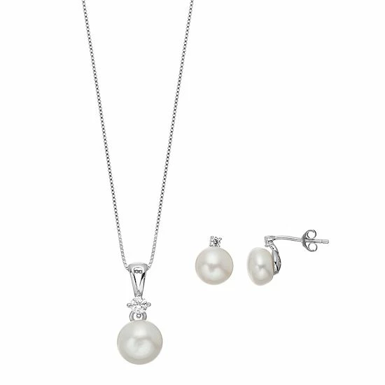 New ๐ฅฐ Unbranded Sterling Silver Freshwater Cultured Pearl & Lab-Created White Sapphire Pendant & Stud Earring Set Rhodium Plated โ๏ธ - Image 5