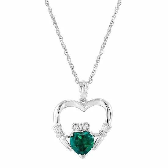 Deals ⌛ Unbranded Sterling Silver Lab-Created Emerald & Diamond Accent Claddagh Pendant Necklace 🎉