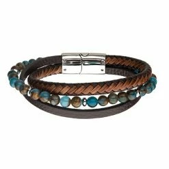 Deals 🔔 Unbranded Men's Stainless Steel Blue & Brown Bead Layered Leather Bracelet ⌛