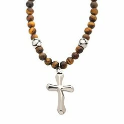Budget 🧨 Unbranded Men's Tiger's Eye Beads & Silver Tone Cross Pendant Necklace 🔥