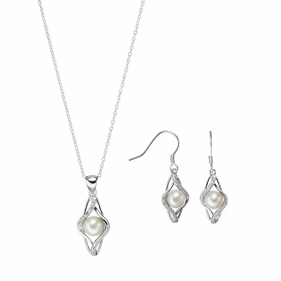 Brand new ๐ Unbranded Sterling Silver Freshwater Cultured Pearl & Cubic Zirconia Kite Jewelry Set โญ