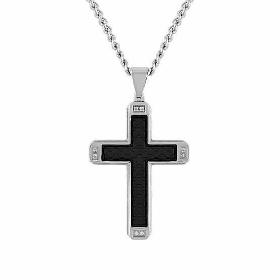 New ๐ Unbranded Men's Stainless Steel & Faux Leather Diamond Accent Cross Pendant Necklace ๐คฉ
