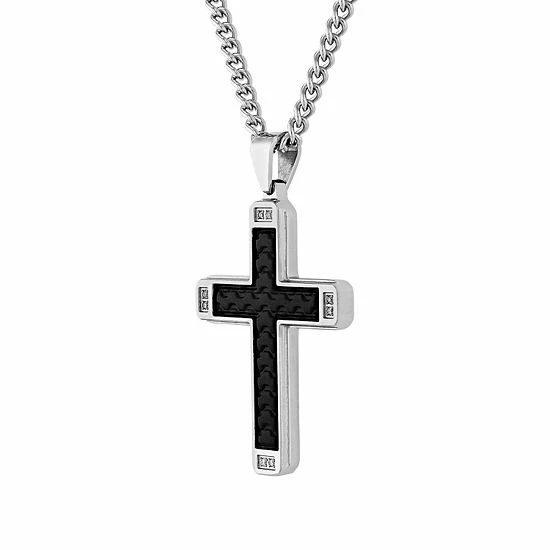 New ๐ Unbranded Men's Stainless Steel & Faux Leather Diamond Accent Cross Pendant Necklace ๐คฉ - Image 2