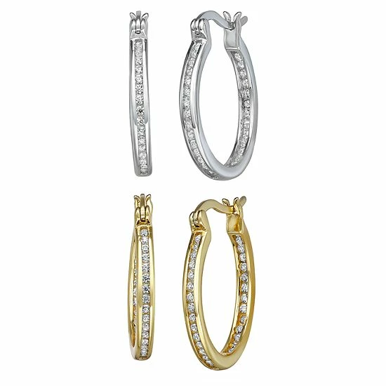 Cheap ๐งจ Unbranded Sterling Silver & 14K Gold Over Silver Cubic Zirconia 2-pair Hoop Earring Set ๐
