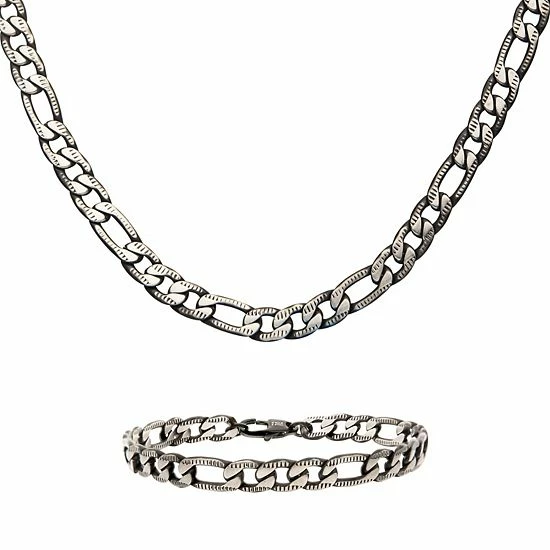 Promo ❤️ Unbranded Men's 6 Mm Black Plated Figaro Chain Necklace & Bracelet Set ⭐