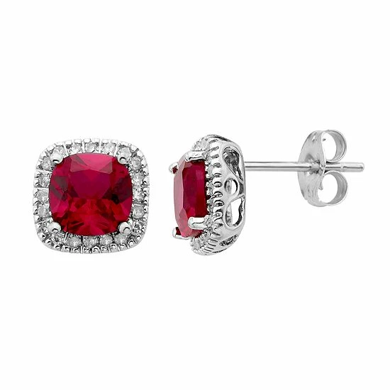 New ๐ Unbranded Lab-Created Ruby And 1/6 Carat T.W. Diamond 10K Gold Halo Button Stud Earrings White ๐ - Image 2