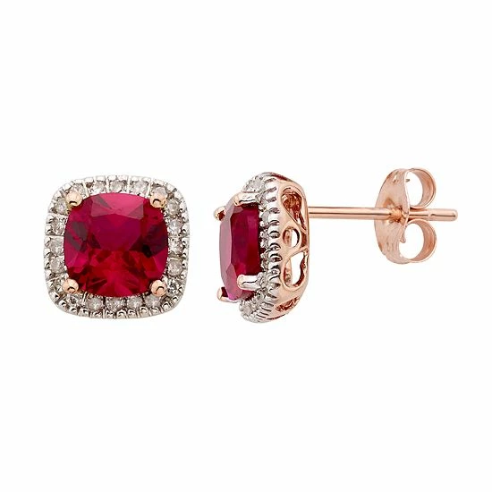 New ๐ Unbranded Lab-Created Ruby And 1/6 Carat T.W. Diamond 10K Gold Halo Button Stud Earrings White ๐ - Image 3