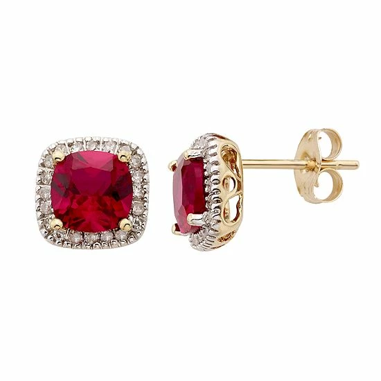New ๐ Unbranded Lab-Created Ruby And 1/6 Carat T.W. Diamond 10K Gold Halo Button Stud Earrings White ๐ - Image 4
