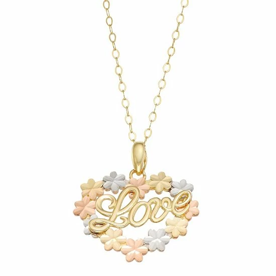 Discount โจ Unbranded Tri-Tone 10k Gold "Love" Flower Heart Pendant Necklace ๐