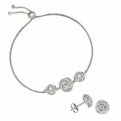 Buy 👏 Unbranded Sterling Silver Cubic Zirconia Love Knot Stud Earrings & Adjustable Bracelet Set 🧨