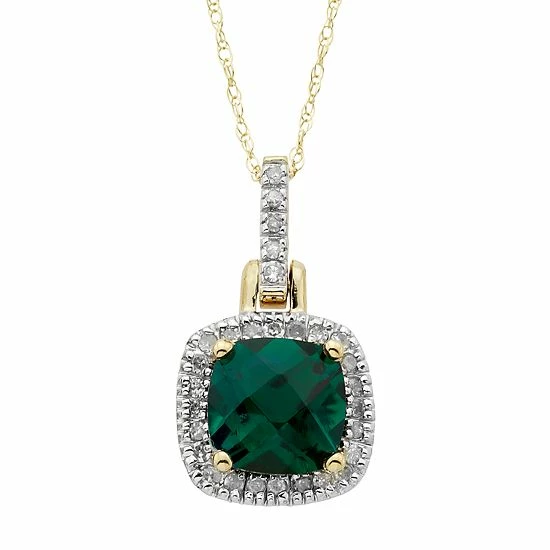 Promo 🤩 Unbranded 10k Gold Lab-Created Emerald & 1/8 Carat T.W. Diamond Halo Pendant Necklace Rose 🤩