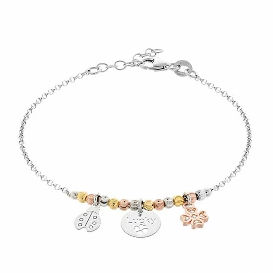 Outlet 🥰 Unbranded Tri Tone Sterling Silver Cubic Zirconia Clover & Ladybug Charm Bracelet ⌛