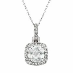 Cheap ⭐ Unbranded Lab-Created White Sapphire & 1/8 Carat T.W. Diamond 10k White Gold Halo Pendant Necklace ✨