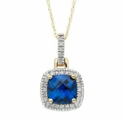 Best Sale 🤩 Unbranded 10k Gold Lab-Created Blue Sapphire & 1/8 Carat T.W. Diamond Halo Pendant Necklace Rose 👏