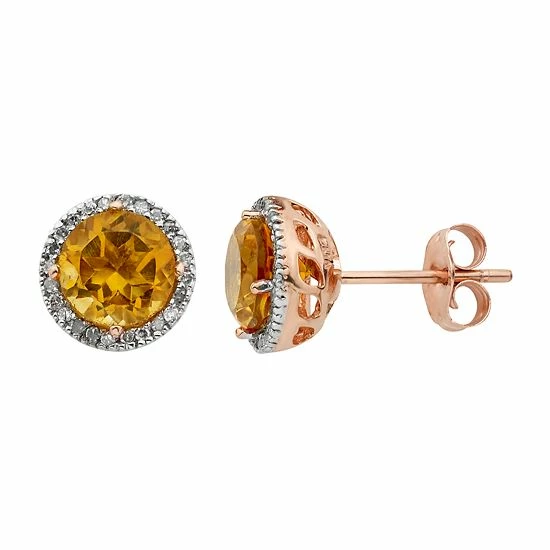 Promo 🤩 Unbranded Citrine 10K Gold And 1/8 Carat T.W. Diamond Round-Cut Halo Stud Earrings Rose 🤩 - Image 3