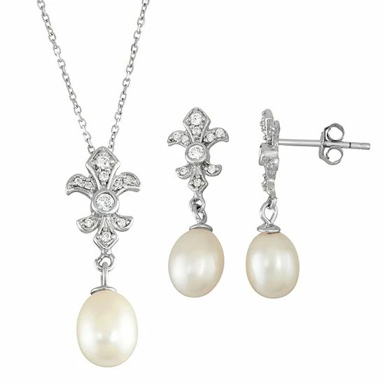Buy ๐ Unbranded Sterling Silver Freshwater Cultured Pearl Fleur-de-Lis Pendant & Drop Earring Set ๐ฅ