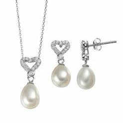 Deals 🔔 Unbranded Freshwater Cultured Pearl & Cubic Zirconia Sterling Silver Heart Pendant Necklace & Drop Earring Set ❤️
