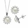 Outlet 😀 Unbranded Freshwater Cultured Pearl & Cubic Zirconia Sterling Silver Flower Pendant Necklace & Button Stud Earring Set ❤️