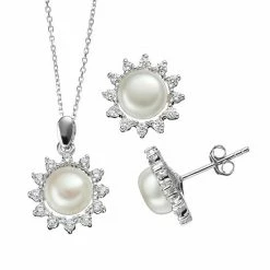 Outlet 😀 Unbranded Freshwater Cultured Pearl & Cubic Zirconia Sterling Silver Flower Pendant Necklace & Button Stud Earring Set ❤️