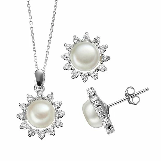 Outlet ๐ Unbranded Freshwater Cultured Pearl & Cubic Zirconia Sterling Silver Flower Pendant Necklace & Button Stud Earring Set โค๏ธ