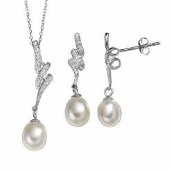 Best deal 🤩 Unbranded Freshwater Cultured Pearl & Cubic Zirconia Sterling Silver Twist Pendant Necklace & Drop Earring Set ✨
