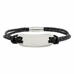 Best Pirce 🎁 Unbranded Men's Stainless Steel Woven Black Leather ID Bracelet ✔️