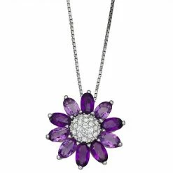 Best deal ⭐ Unbranded Sterling Silver Amethyst & Lab-Created White Sapphire Flower Pendant Necklace 🥰