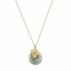 Promo 🔥 Unbranded 18k Gold Over Sterling Silver Green Jade & White Topaz Flower Pendant Necklace 🌟