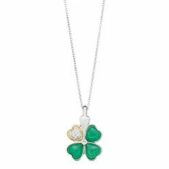 Outlet 🔔 Unbranded Sterling Silver Green Onyx & Lab-Created White Sapphire Clover Pendant Necklace 😀