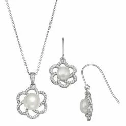 Best Pirce 🎉 Unbranded Sterling Silver Freshwater Cultured Pearl & Cubic Zirconia Flower Pendant & Earring Set 🥰